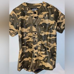 Fake leather camo button up